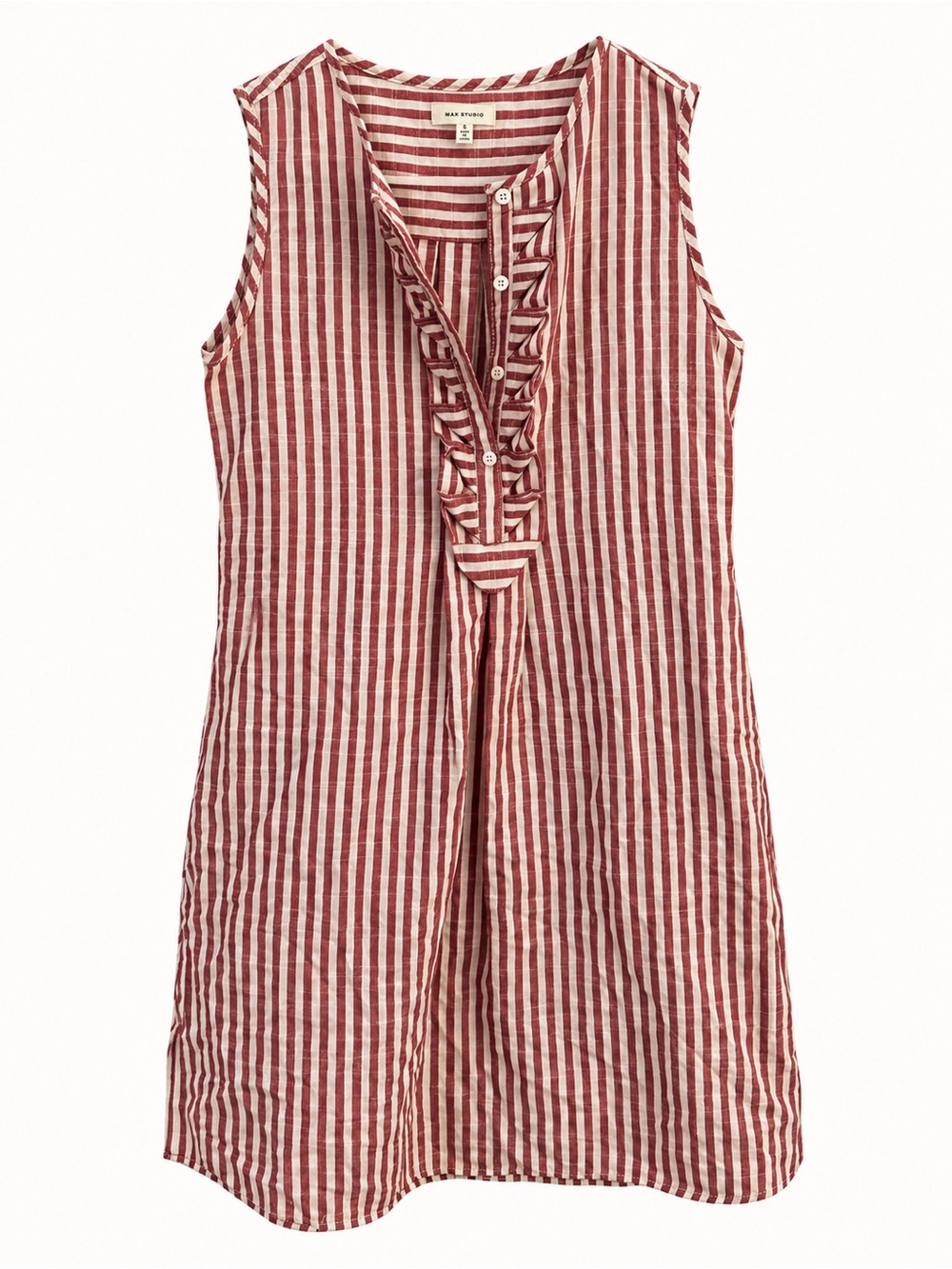 Max Studio Burgundy & Ivory Striped Ruffle Sleeveless Tunic โ Small